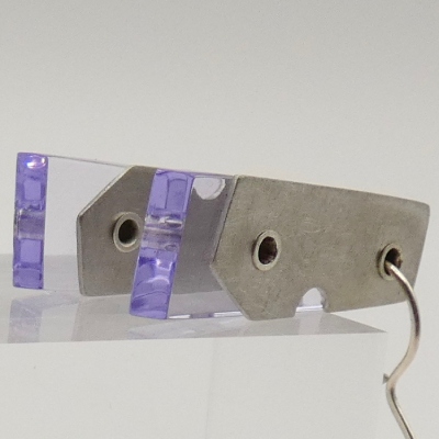 pewter and acrylic earring rectangular with lilac edge
