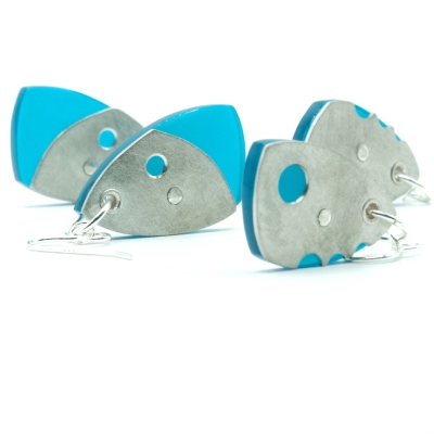 Dhoek earrings pewter and teal with multiple cutouts